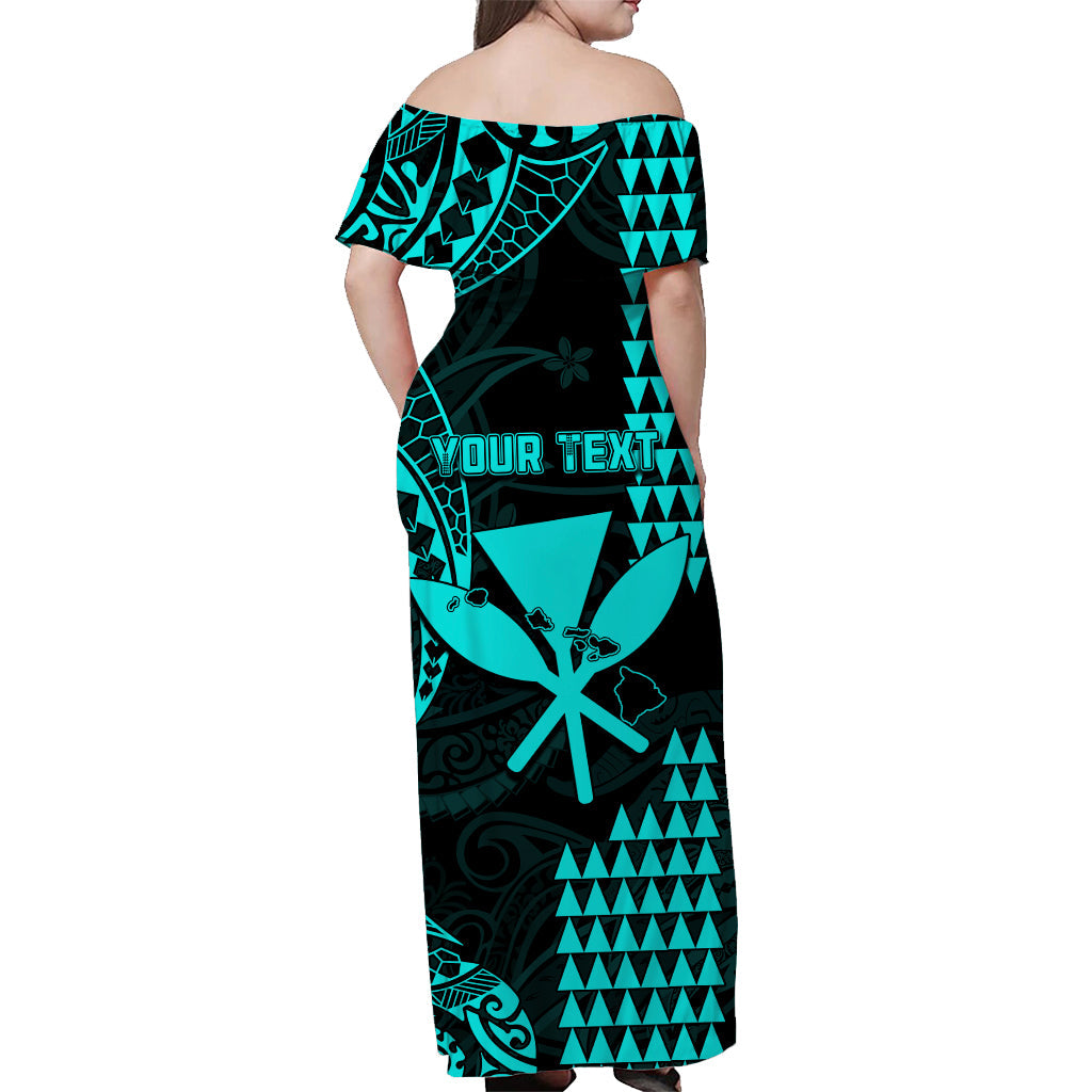 (Custom Personalised) Hawaii Day Kakau Off Shoulder Long Dress Proud To Be Hawaiian Turquoise King Kamehameha and Kanaka Maoli LT13 - Polynesian Pride
