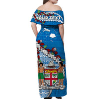(Custom Personalised) Fiji Off Shoulder Long Dress Fijian Drua Mix Tagimaucia Flower Blue Style LT14 - Polynesian Pride