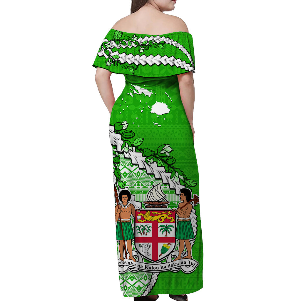 Fiji Off Shoulder Long Dress Fijian Drua Mix Tagimaucia Flower Green Style LT14 - Polynesian Pride