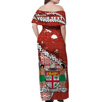 (Custom Personalised) Fiji Off Shoulder Long Dress Fijian Drua Mix Tagimaucia Flower Red Style LT14 - Polynesian Pride