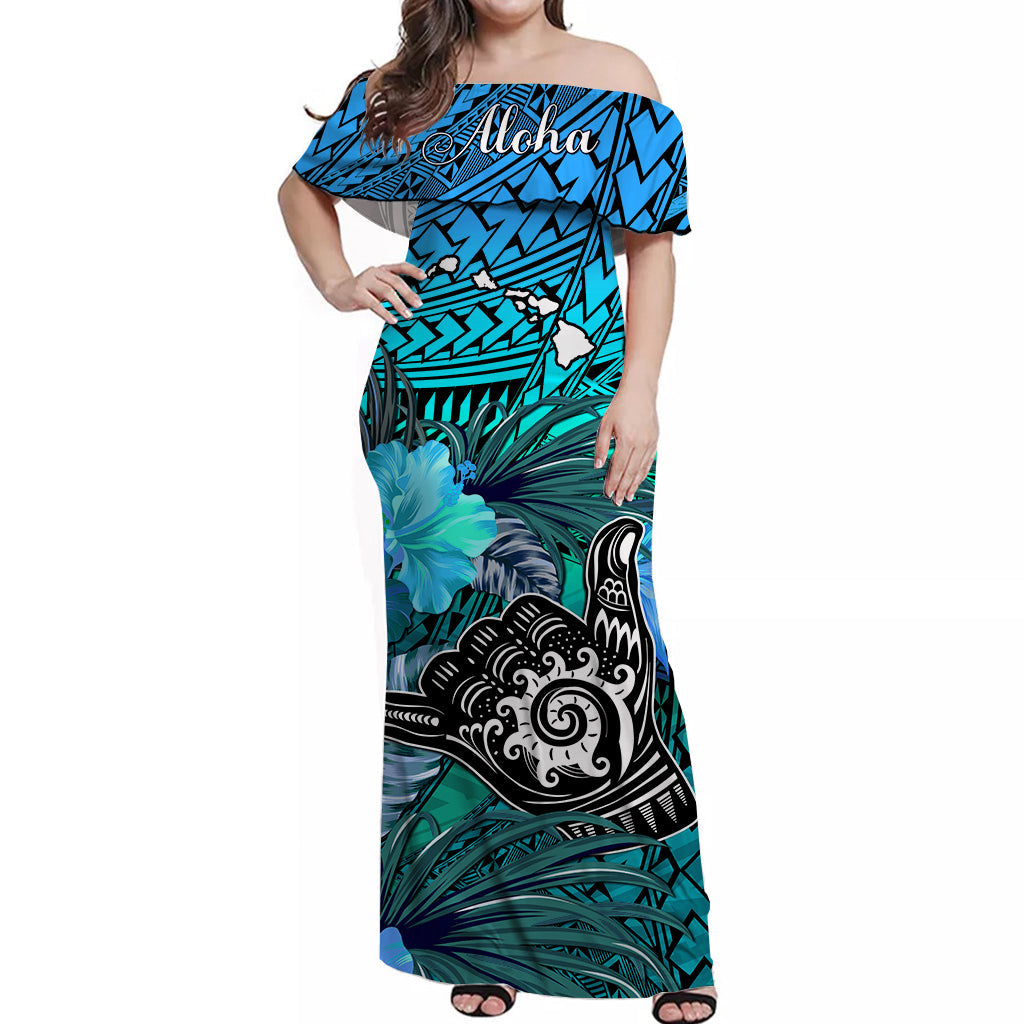 The Shaka Hawaii Off Shoulder Long Dress Tropical Flowers Blue Version LT13 Women Blue - Polynesian Pride