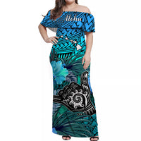 The Shaka Hawaii Off Shoulder Long Dress Tropical Flowers Blue Version LT13 Women Blue - Polynesian Pride