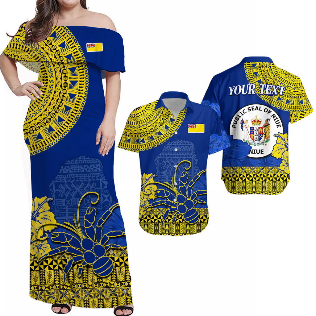 Custom Niue Hiapo Matching Dress and Hawaiian Shirt Rock of Polynesia Tapa Niuean Crab Happy Day LT13 Blue - Polynesian Pride