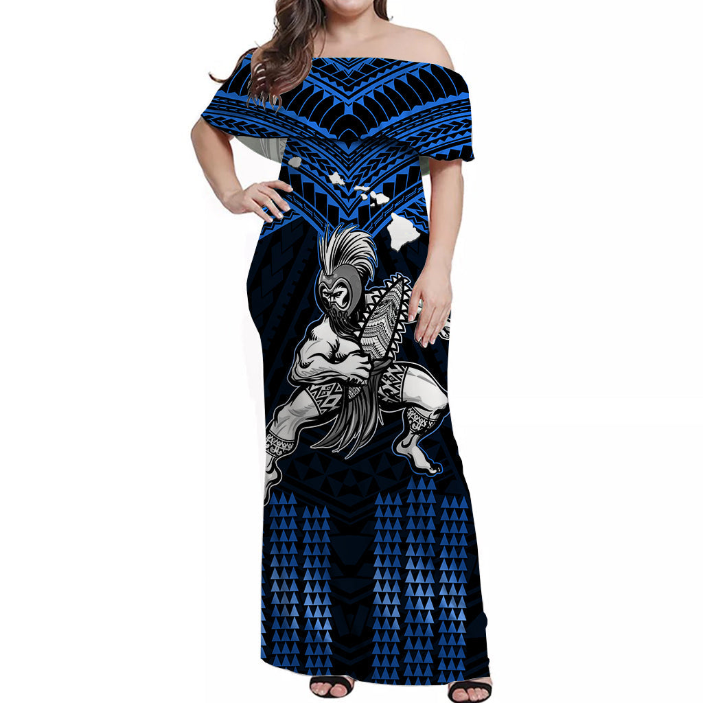(Custom Personalised) Hawaii Off Shoulder Long Dress Hawaiian Warrior With Weapon Polynesian Ver.06 LT14 Women Blue - Polynesian Pride