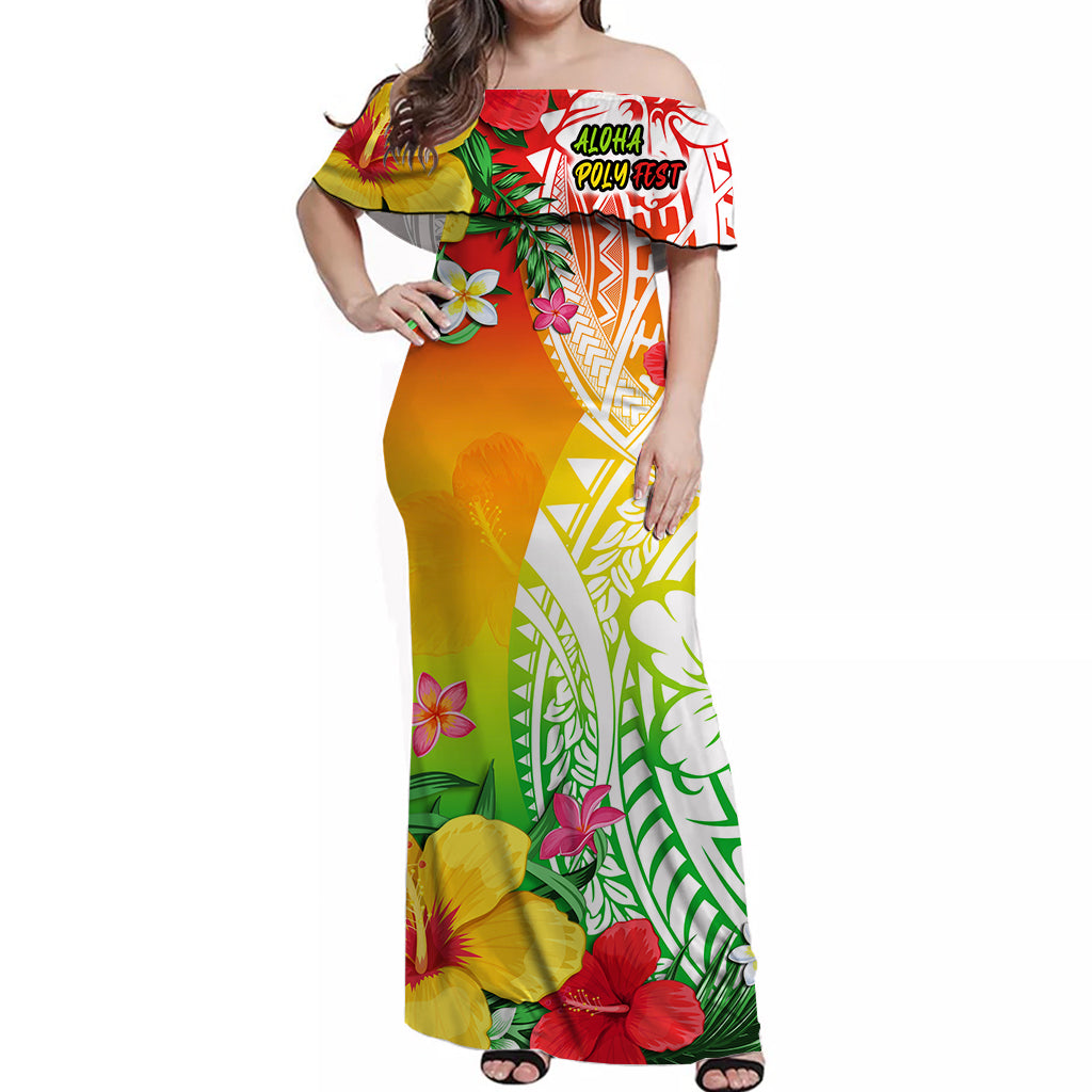 Aloha Poly Fest Off Shoulder Long Dress Polynesian Pattern With Tropical Flowers LT14 Women Reggae - Polynesian Pride