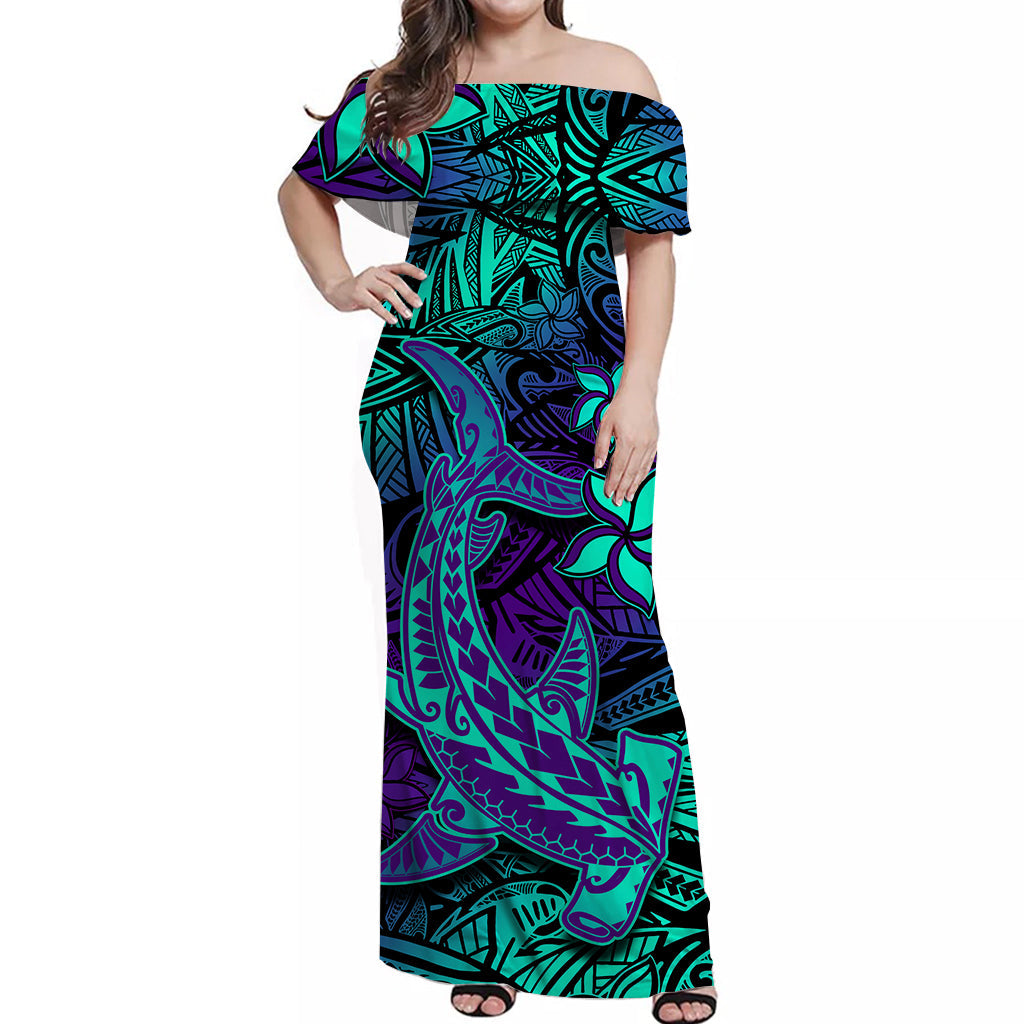 (Custom Personalised) Polynesian Off Shoulder Long Dress Purple Paradise Hawaiian Tribal Hammerhead Shark LT14 Women Purple - Polynesian Pride
