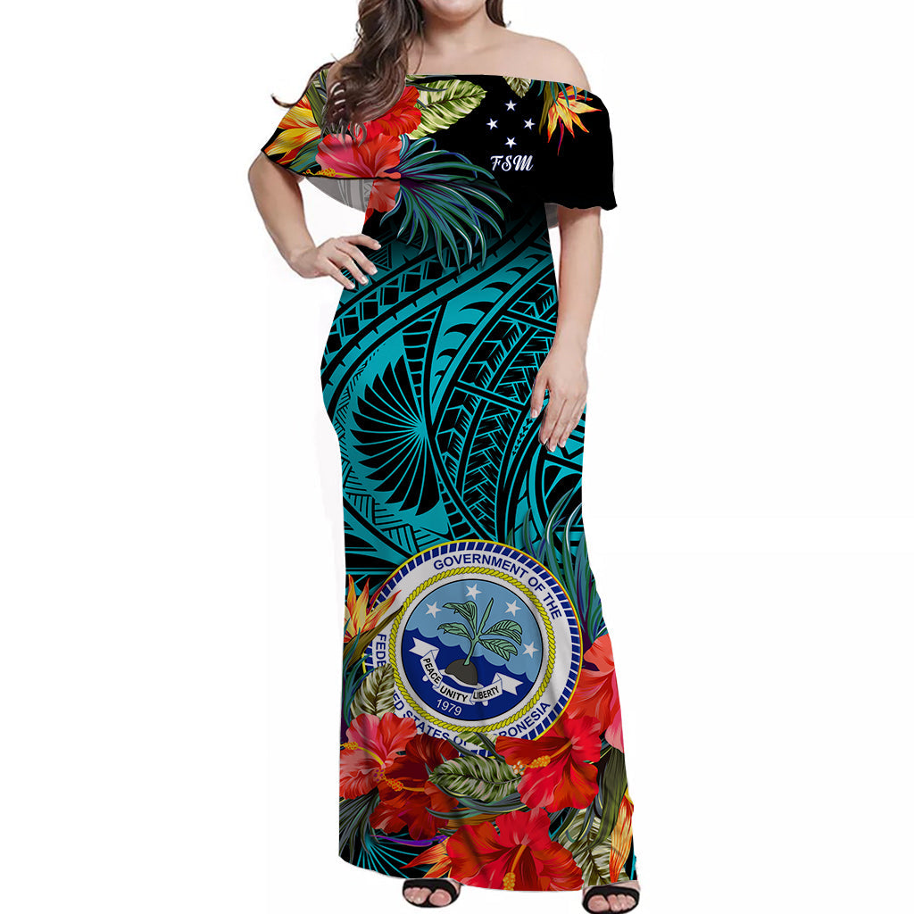 (Custom Personalised) Federated States of Micronesia Off Shoulder Long Dress Hibiscus Flowers FSM Seal Polynesian Ver.03 LT14 Women Turquosie - Polynesian Pride