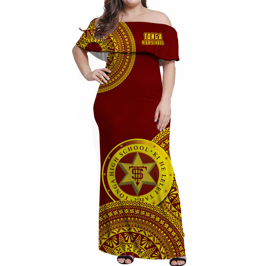 (Custom Personalised) Tonga High School Off Shoulder Long Dress Tongan Ngatu Pattern LT14 Women Red - Polynesian Pride
