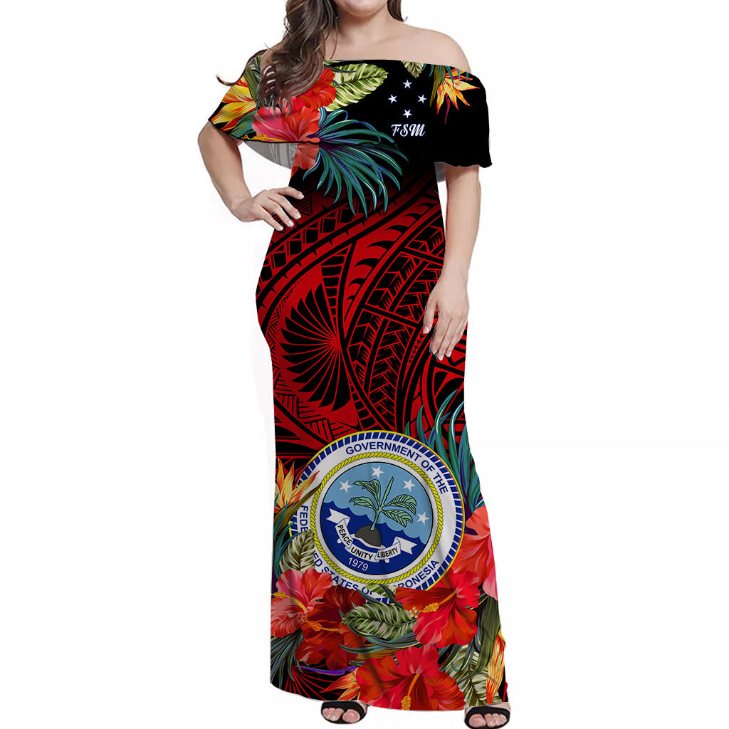 Federated States of Micronesia Off Shoulder Long Dress Hibiscus Flowers FSM Seal Polynesian Ver.05 LT14 Women Red - Polynesian Pride