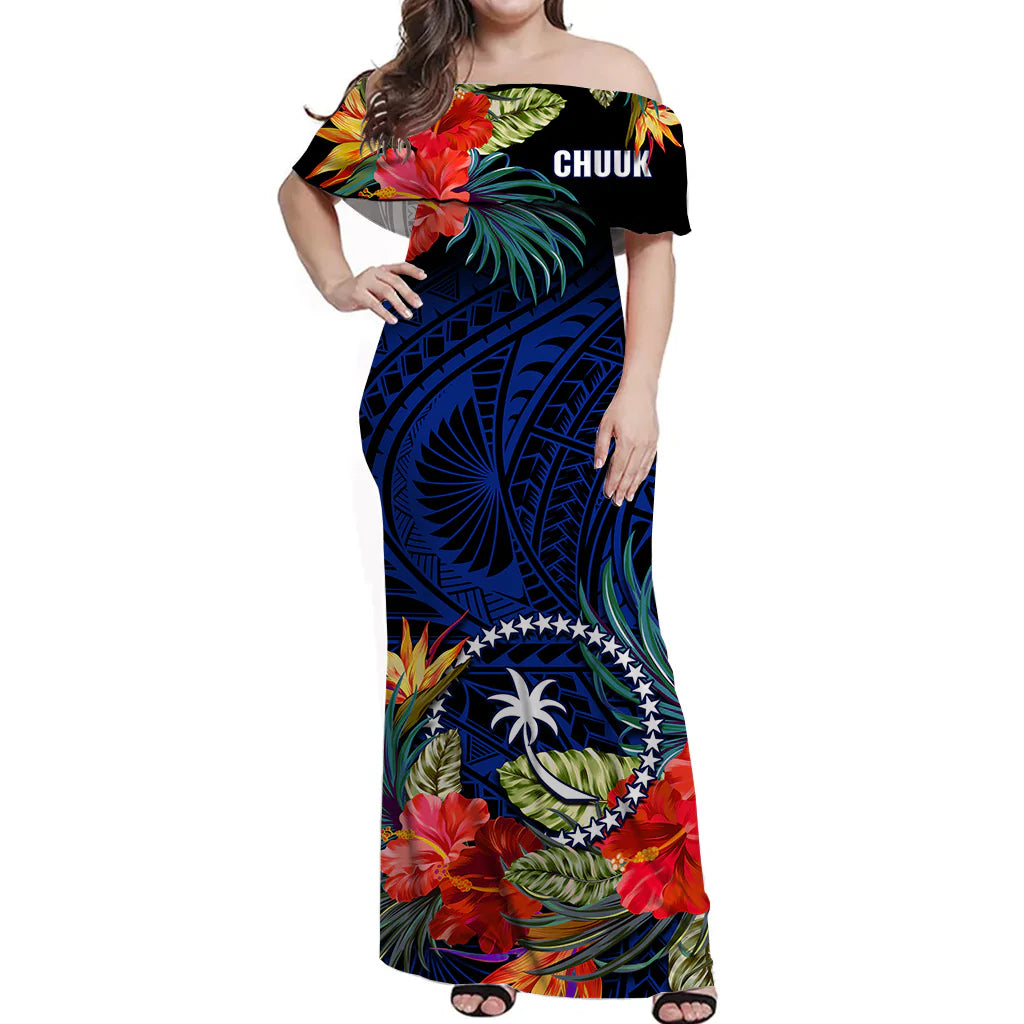 (Custom Personalised) Chuuk State Off Shoulder Long Dress FSM Hibiscus Flowers Mix Polynesian LT14 Women Blue - Polynesian Pride