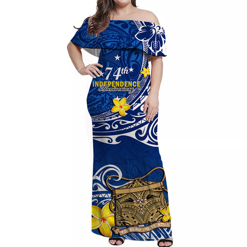 Tokelau Off Shoulder Long Dress National Badge Polynesian Happy 74th Independence Anniversary LT14 Women Blue - Polynesian Pride