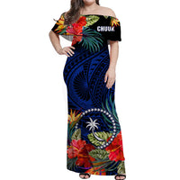 Chuuk State Off Shoulder Long Dress FSM Hibiscus Flowers Mix Polynesian LT14 Women Blue - Polynesian Pride