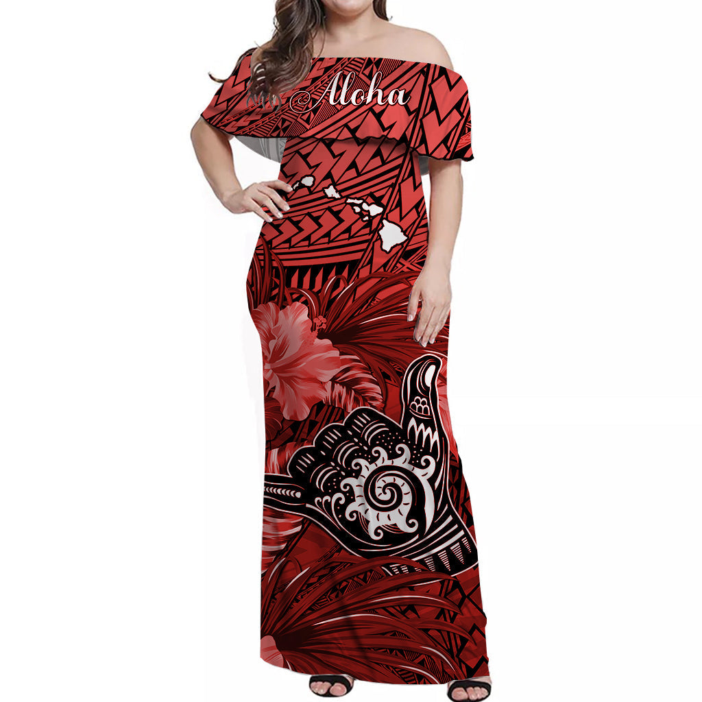 The Shaka Hawaii Off Shoulder Long Dress Tropical Flowers Red Version LT13 Women Red - Polynesian Pride