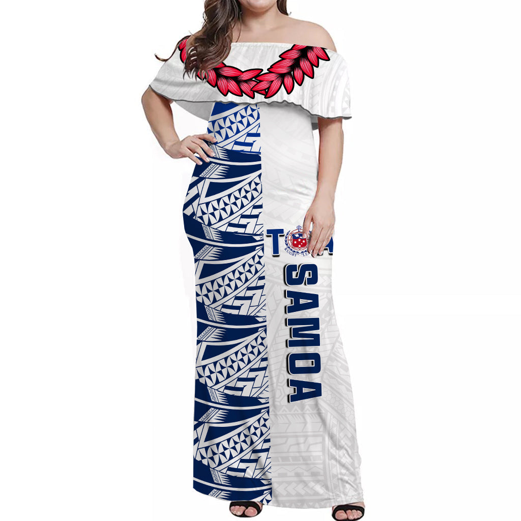 Toa Samoa Rugby Off Shoulder Long Dress Siamupini Ula Fala White LT13 Women White - Polynesian Pride