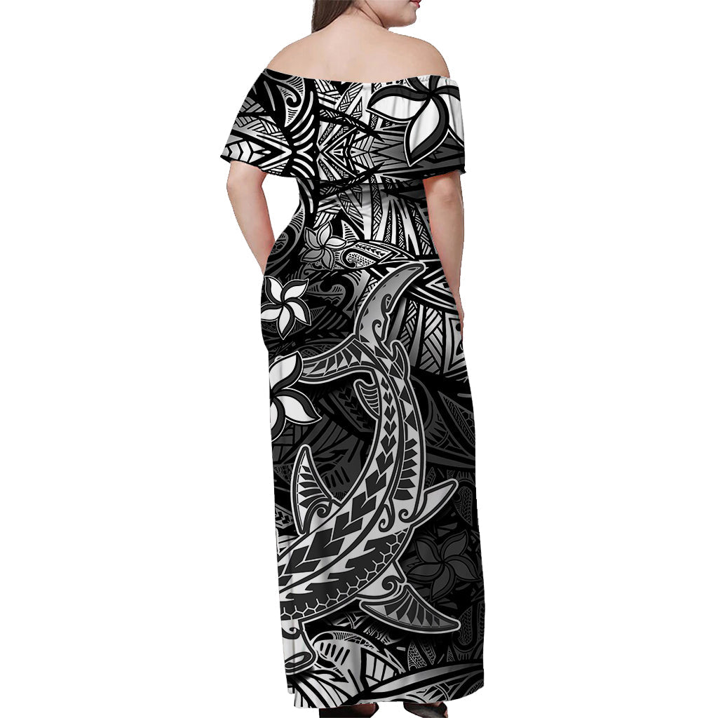 Polynesian Off Shoulder Long Dress Black Hawaiian Tribal Hammerhead Shark LT14 - Polynesian Pride