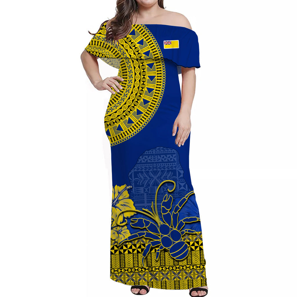 (Custom Personalised) Niue Hiapo Off Shoulder Long Dress Rock of Polynesia Tapa Niuean Crab Happy Day LT13 Women Blue - Polynesian Pride