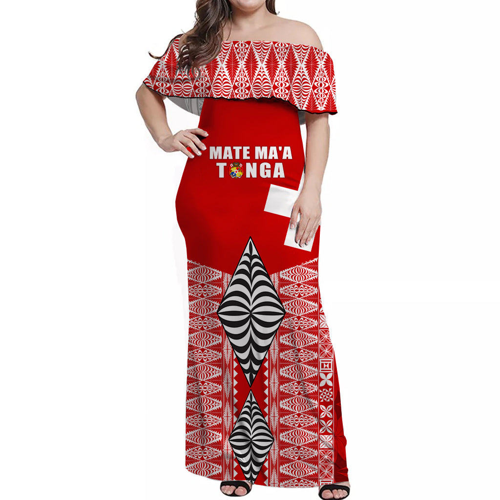 (Custom Personalised) Tonga Rugby Off Shoulder Long Dress Kupesi Ngatu Mate Maa Tonga LT13 Women Red - Polynesian Pride