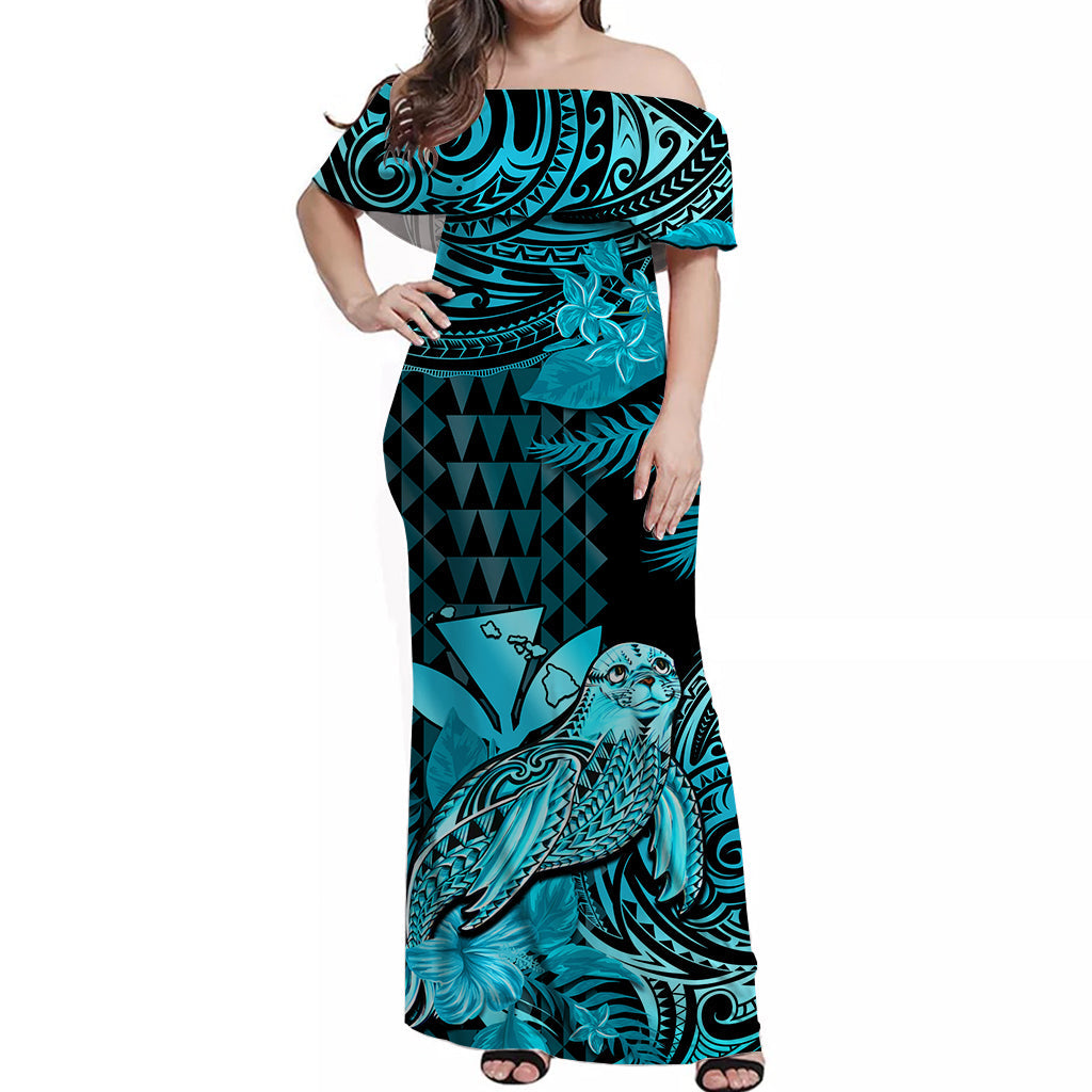 Custom Polynesian Tribal Matching Hawaiian Outfits For Couples Monk Seal with Kanaka Turquoise LT14 - Polynesian Pride