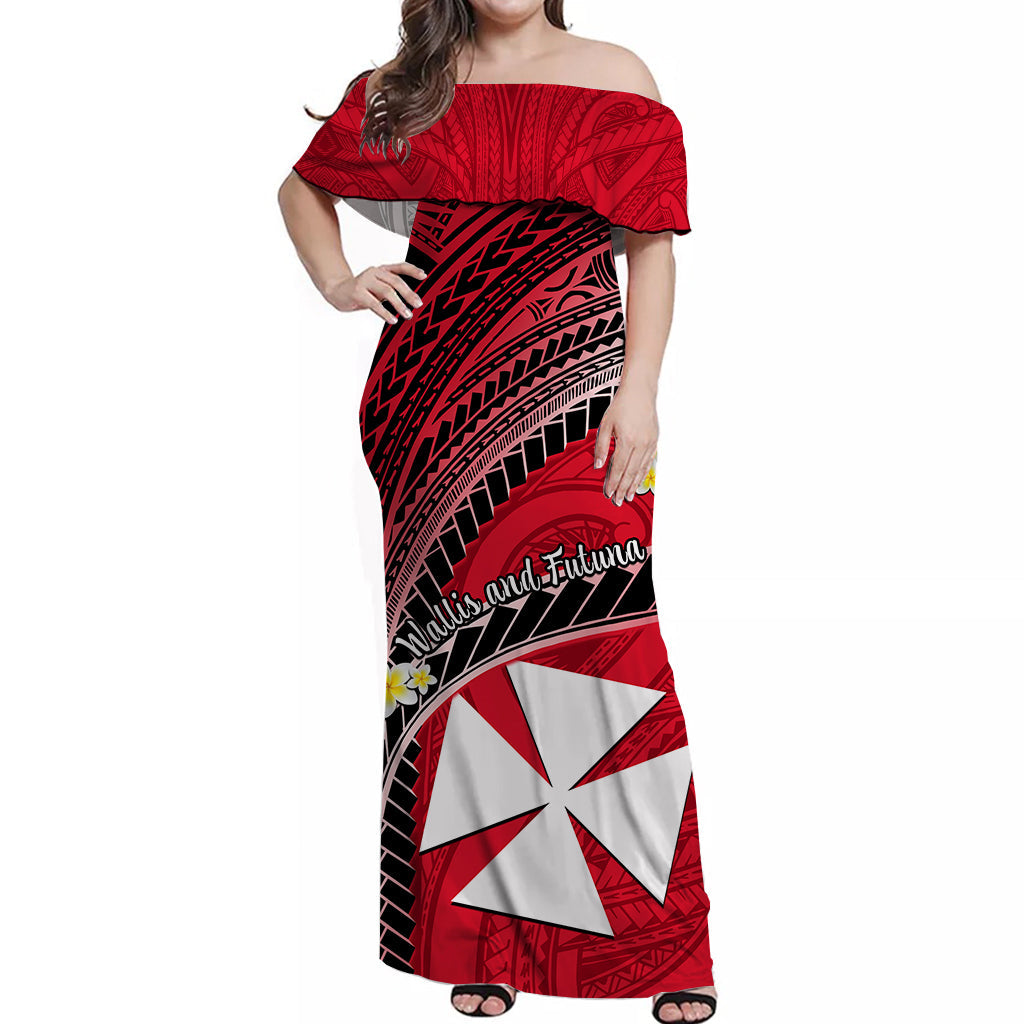(Custom Personalised) Wallis And Futuna Off Shoulder Long Dress Plumeria Flowers With Red Polynesian Pattern LT14 Women Red - Polynesian Pride