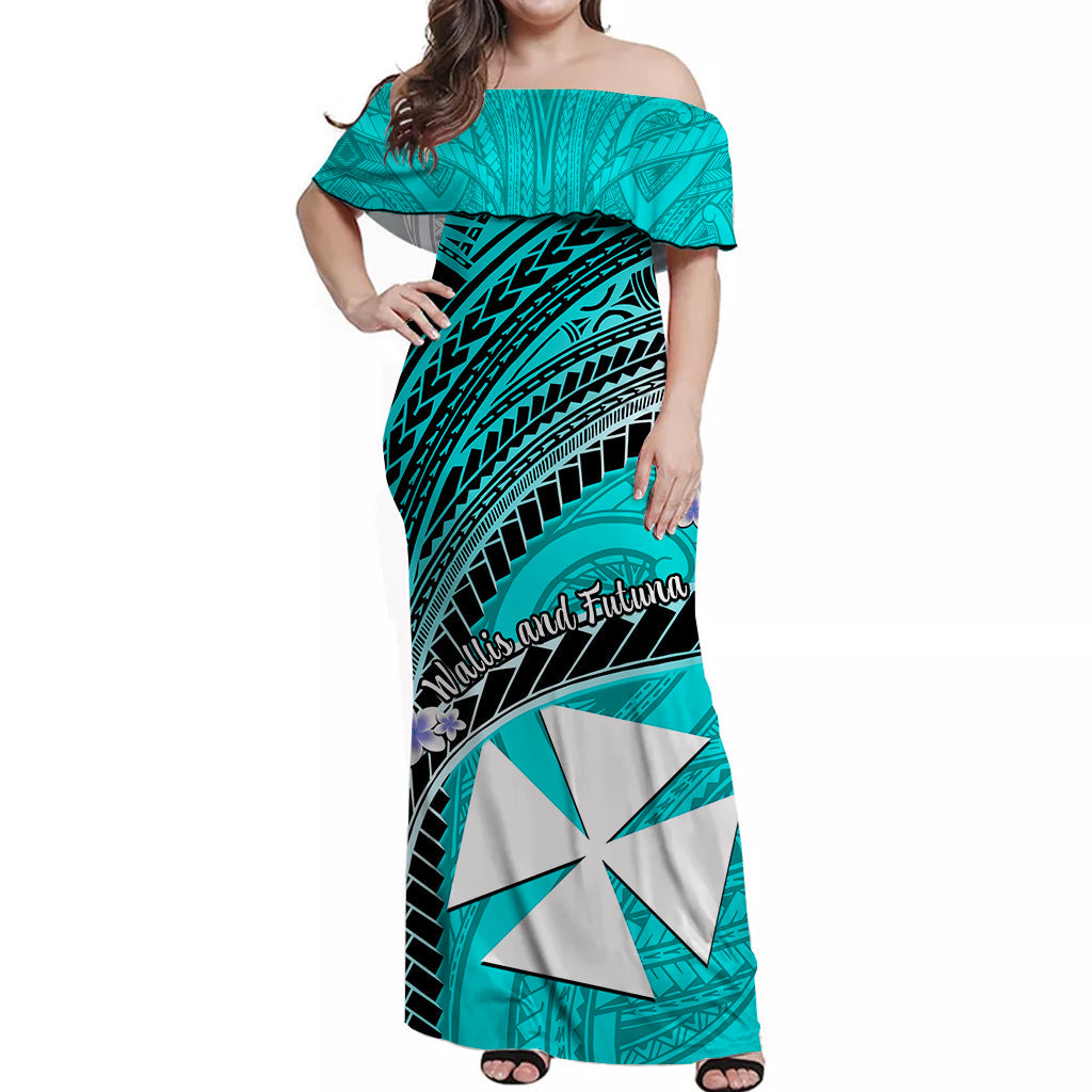 (Custom Personalised) Wallis And Futuna Off Shoulder Long Dress Plumeria Flowers With Turquoise Polynesian Pattern LT14 Women Turquoise - Polynesian Pride