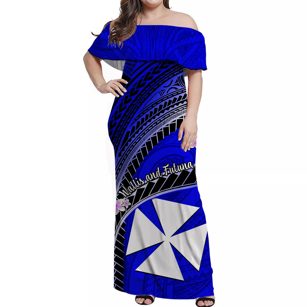(Custom Personalised) Wallis And Futuna Off Shoulder Long Dress Plumeria Flowers With Blue Polynesian Pattern LT14 Women Blue - Polynesian Pride