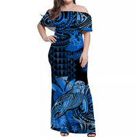 (Custom Personalised) Hawaii Monk Seal Off Shoulder Long Dress Kakau With Kanaka Blue LT14 Women Blue - Polynesian Pride