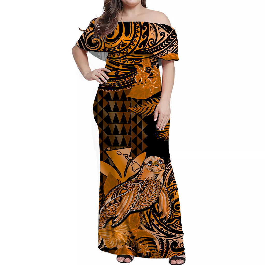 (Custom Personalised) Hawaii Monk Seal Off Shoulder Long Dress Kakau With Kanaka Gold LT14 Women Gold - Polynesian Pride