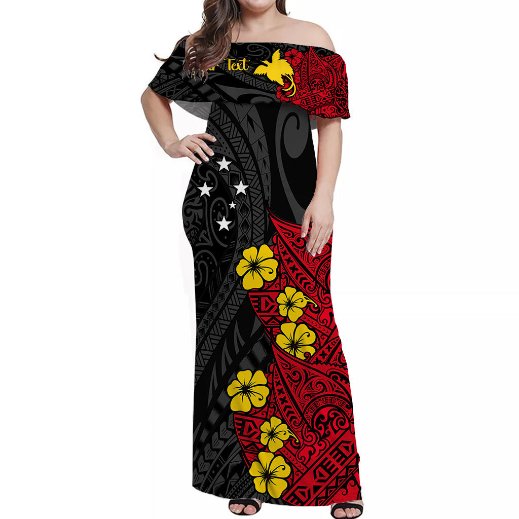 (Custom Personalised) Papua New Guinea Birds of Paradise Women Off Shoulder Long Dress Red LT13 Women Black - Polynesian Pride