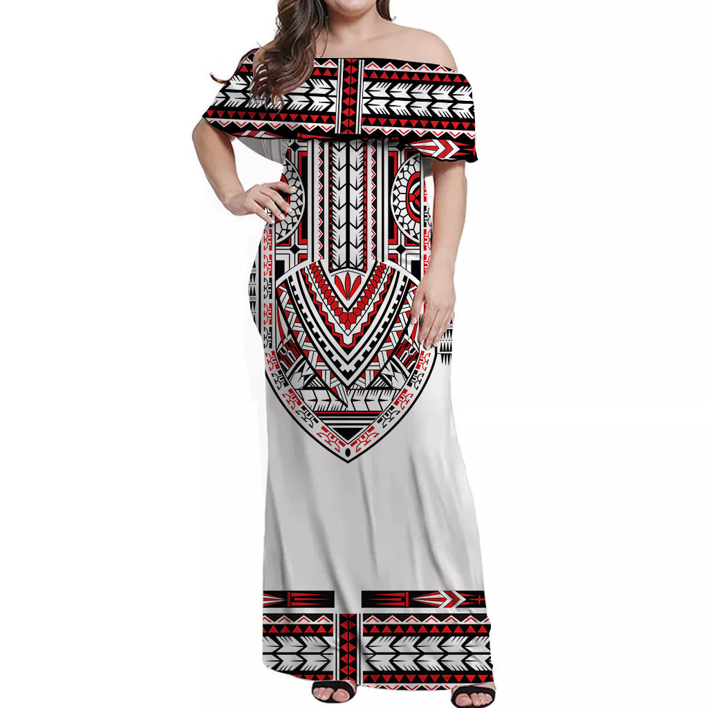 (Custom Personalised) Polynesian Off Shoulder Long Dress Dashiki With Polynesian Tattoo Royal Version LT14 Women White - Polynesian Pride
