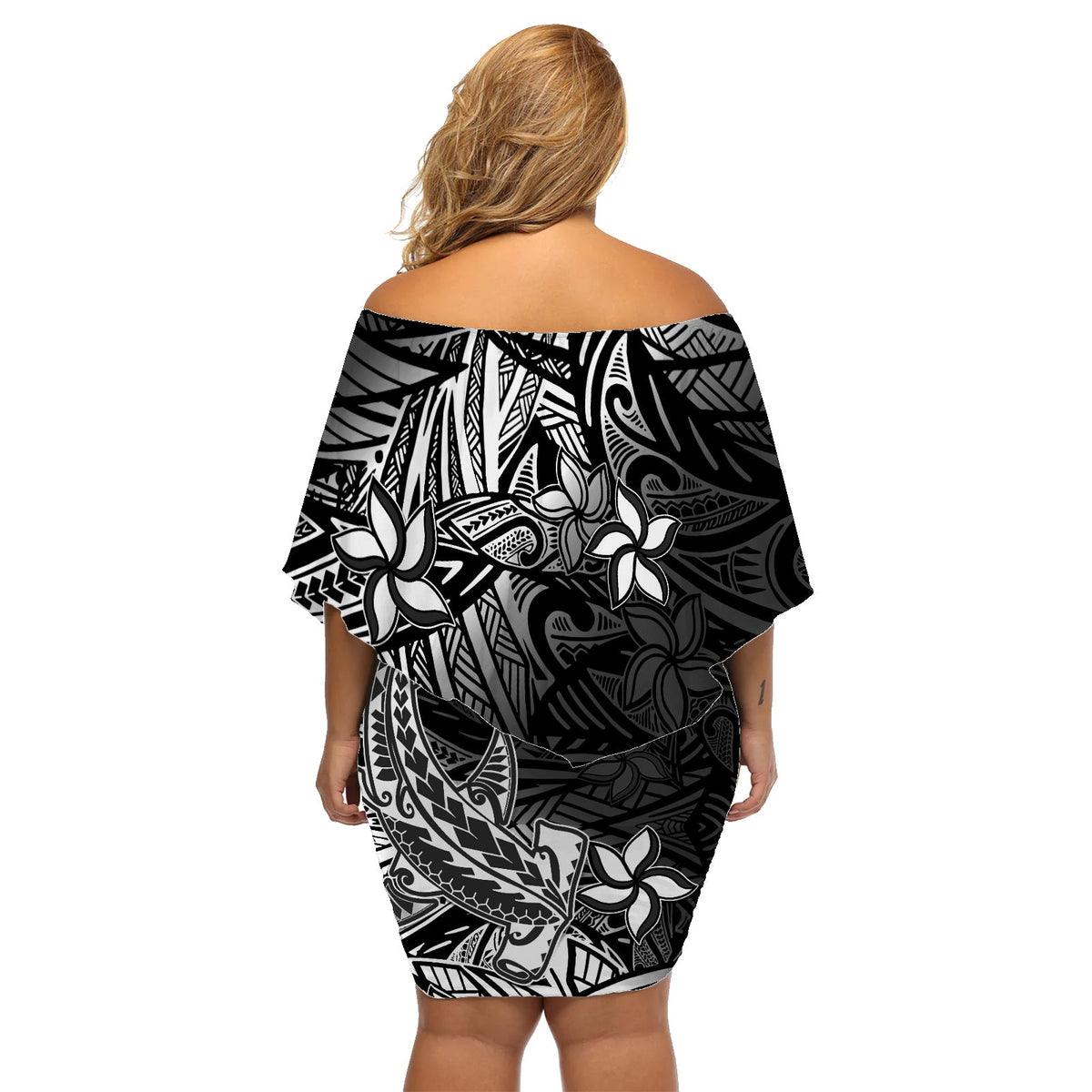 Polynesian Off Shoulder Short Dress Black Hawaiian Tribal Hammerhead Shark LT14 - Polynesian Pride