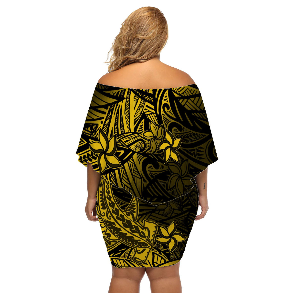 Polynesian Off Shoulder Short Dress Gold Hawaiian Tribal Hammerhead Shark LT14 - Polynesian Pride