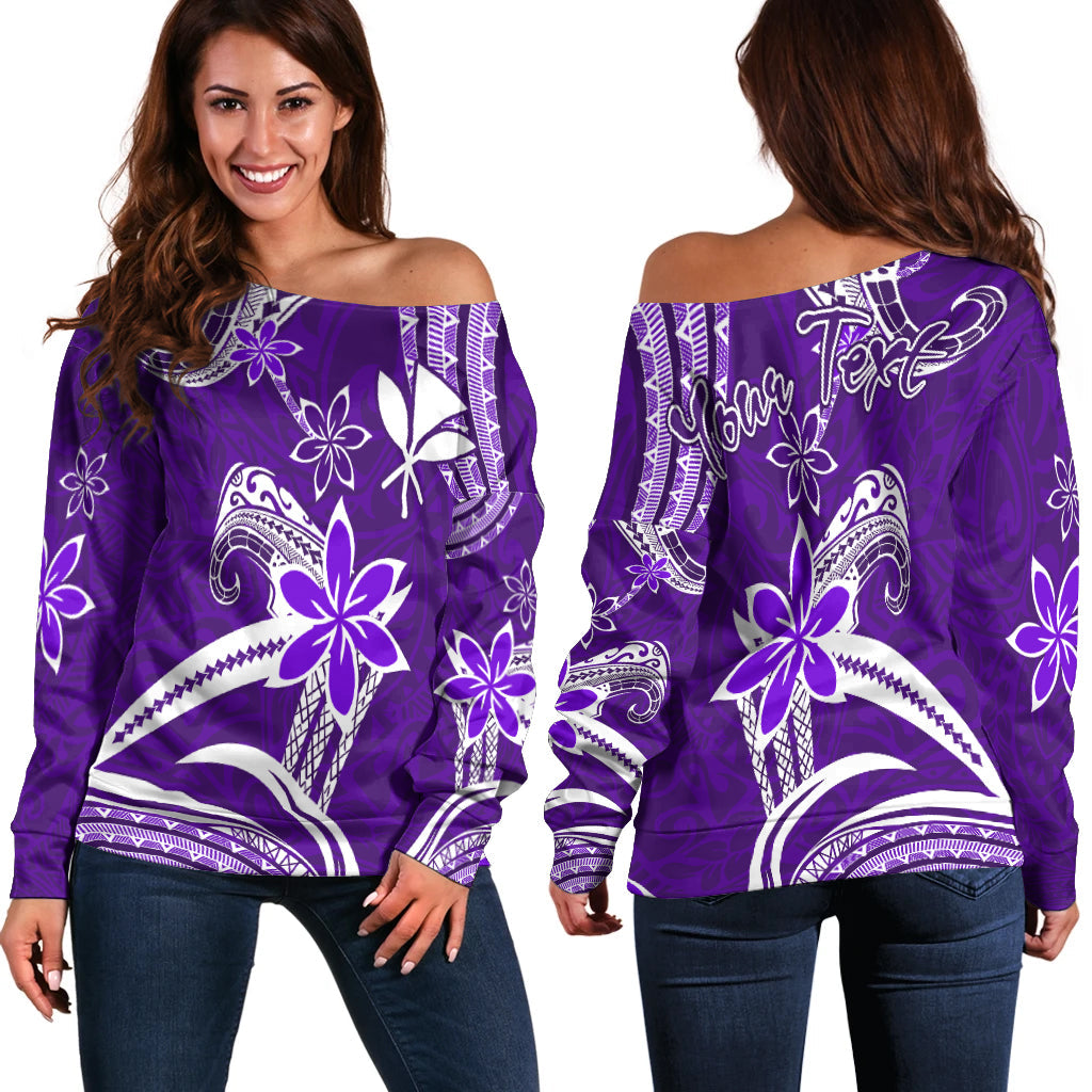 (Custom Personalised) Hawaii Flowers Wave Off Shoulder Sweater Kanaka Maoli Purple Polynesian LT13 Women Purple - Polynesian Pride