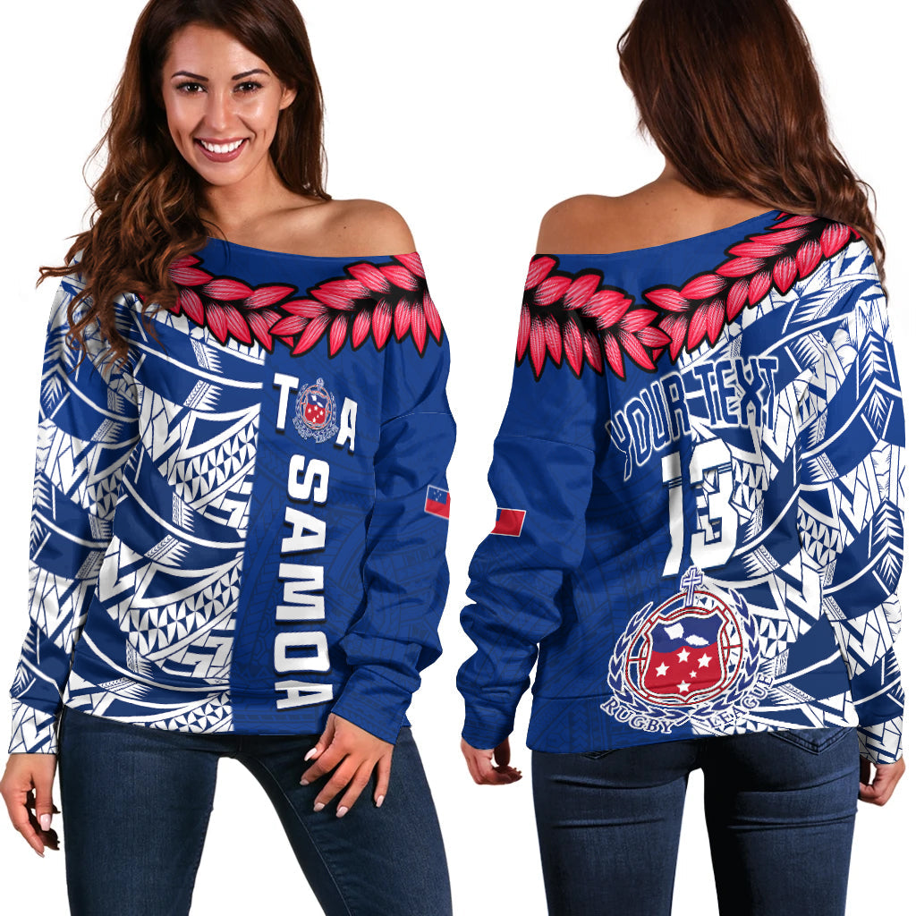 (Custom Text and Number) Toa Samoa Rugby Off Shoulder Sweater Siamupini Ula Fala Blue LT13 Women Blue - Polynesian Pride