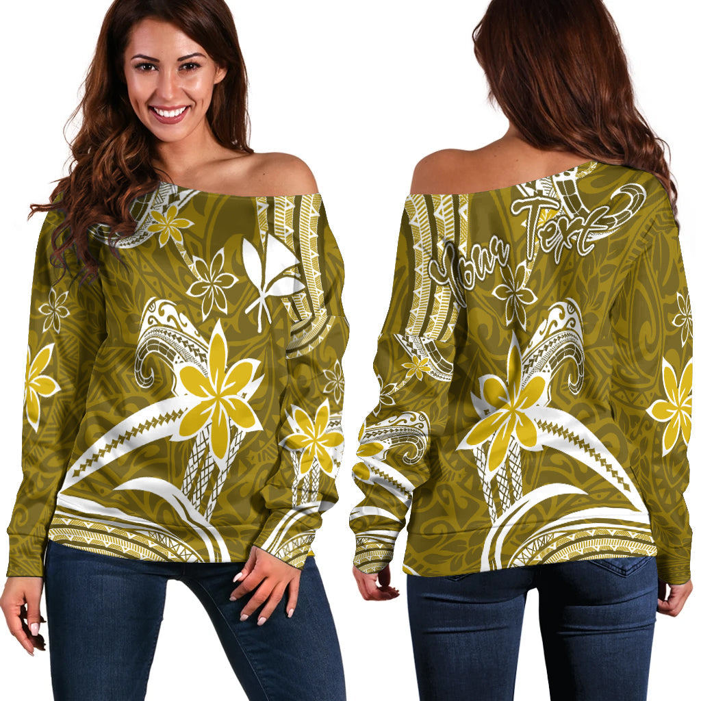 (Custom Personalised) Hawaii Flowers Wave Off Shoulder Sweater Kanaka Maoli Gold Polynesian LT13 Women Gold - Polynesian Pride