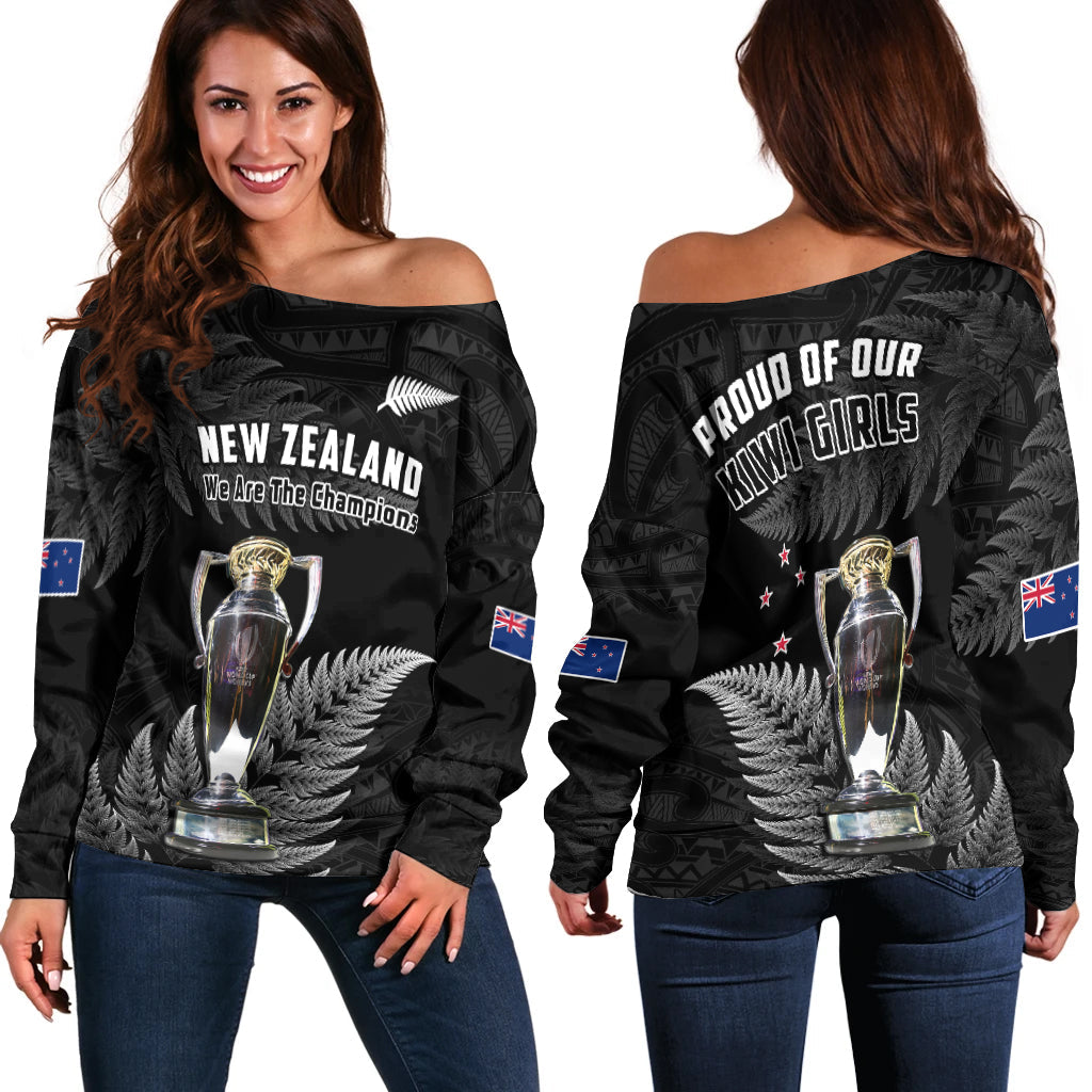 New Zealand 2022 Rugby Off Shoulder Sweater Black Fern Proud Champions RWC LT14 Women Black - Polynesian Pride