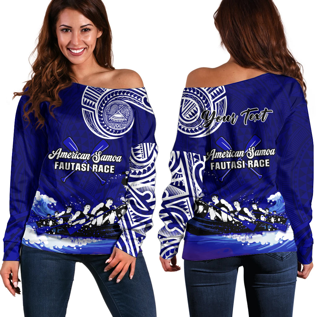 (Custom Personalised) American Samoa Off Shoulder Sweater Fautasi Race Samoan Pattern Ver.01 LT14 Women Blue - Polynesian Pride