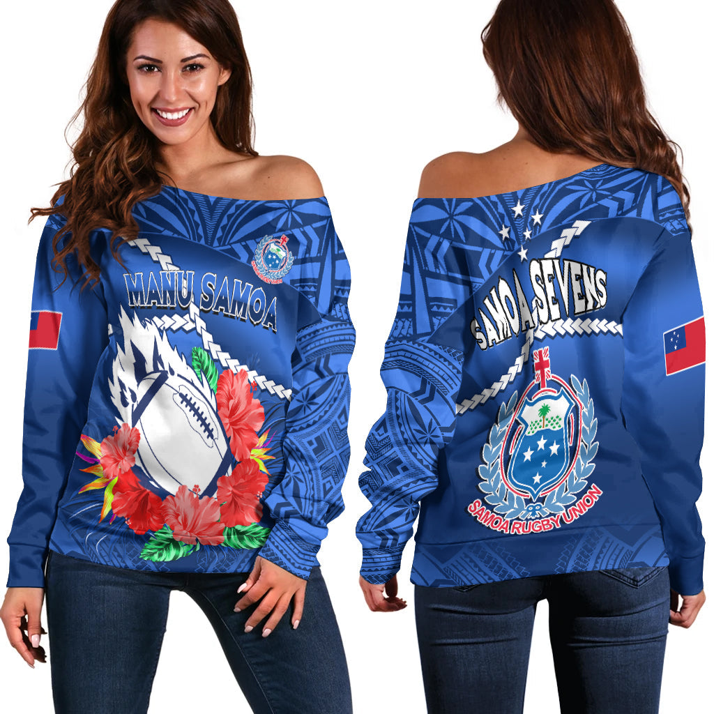 Samoa Rugby Off Shoulder Sweater Manu Samoa Polynesian Hibiscus Blue Style LT14 Women Blue - Polynesian Pride