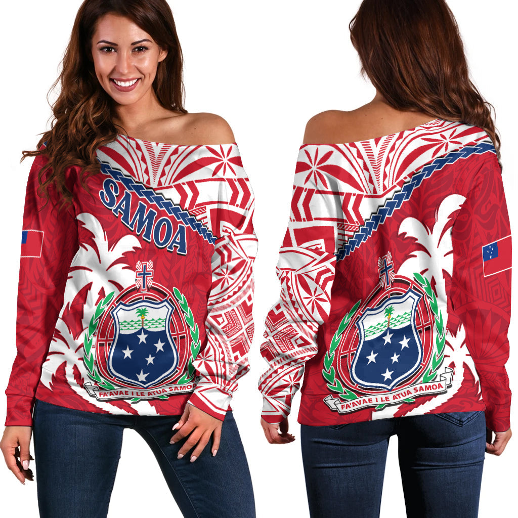 Samoa Off Shoulder Sweater Samoan Coat Of Arms With Coconut Red Style LT14 Women Red - Polynesian Pride