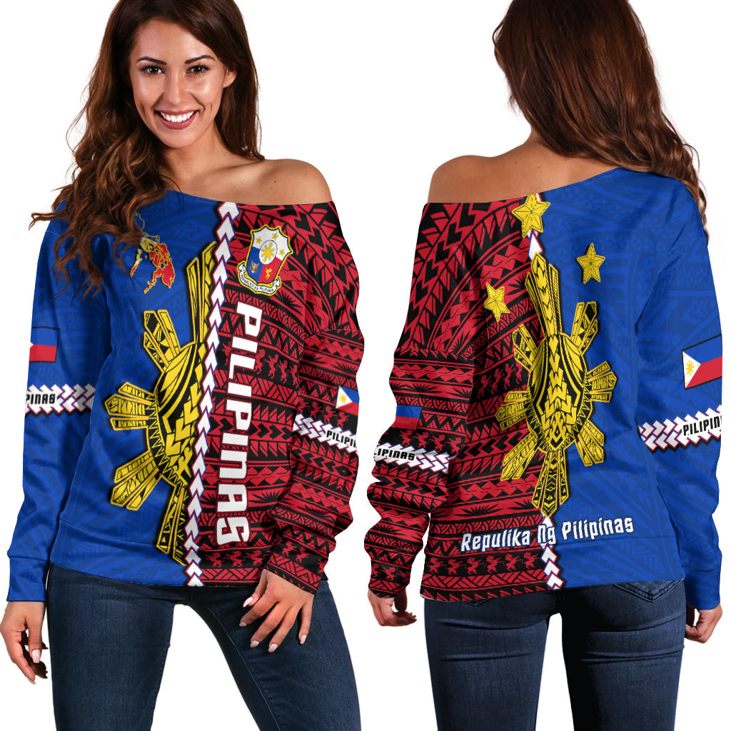 Philippines Off Shoulder Sweater Pilipinas Sun Mix Polynesian Pattern LT14 Women Red - Polynesian Pride