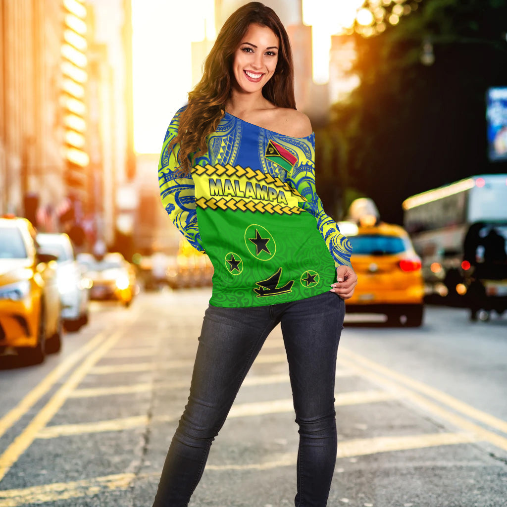 Malampa Province Off Shoulder Sweater Vanuatu Pig Tusk Polynesian Flag Style LT14 - Polynesian Pride