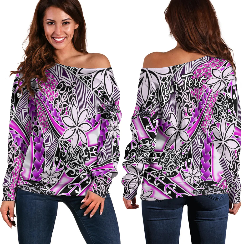 (Custom Personalised) Hawaii Off Shoulder Sweater Tribal Plumeria With Polynesian Turtle Ver.02 LT14 Women Purple - Polynesian Pride