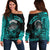 Hawaii Off Shoulder Sweater Kakau Warrior Helmet Gradient Turquoise Polynesian LT14 Women Turquoise - Polynesian Pride