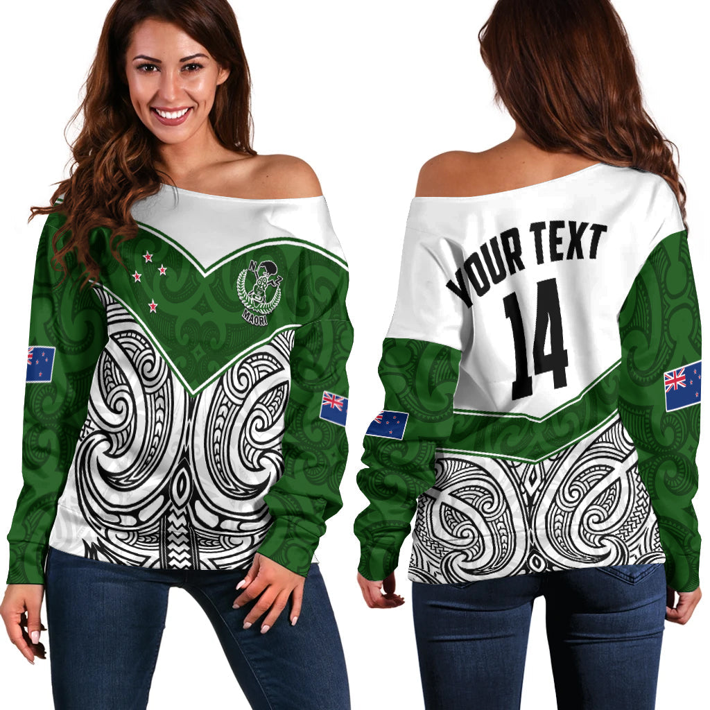 (Custom Text And Number) New Zealand Silver Fern Rugby Off Shoulder Sweater Maori Pacific LT14 Women White - Polynesian Pride