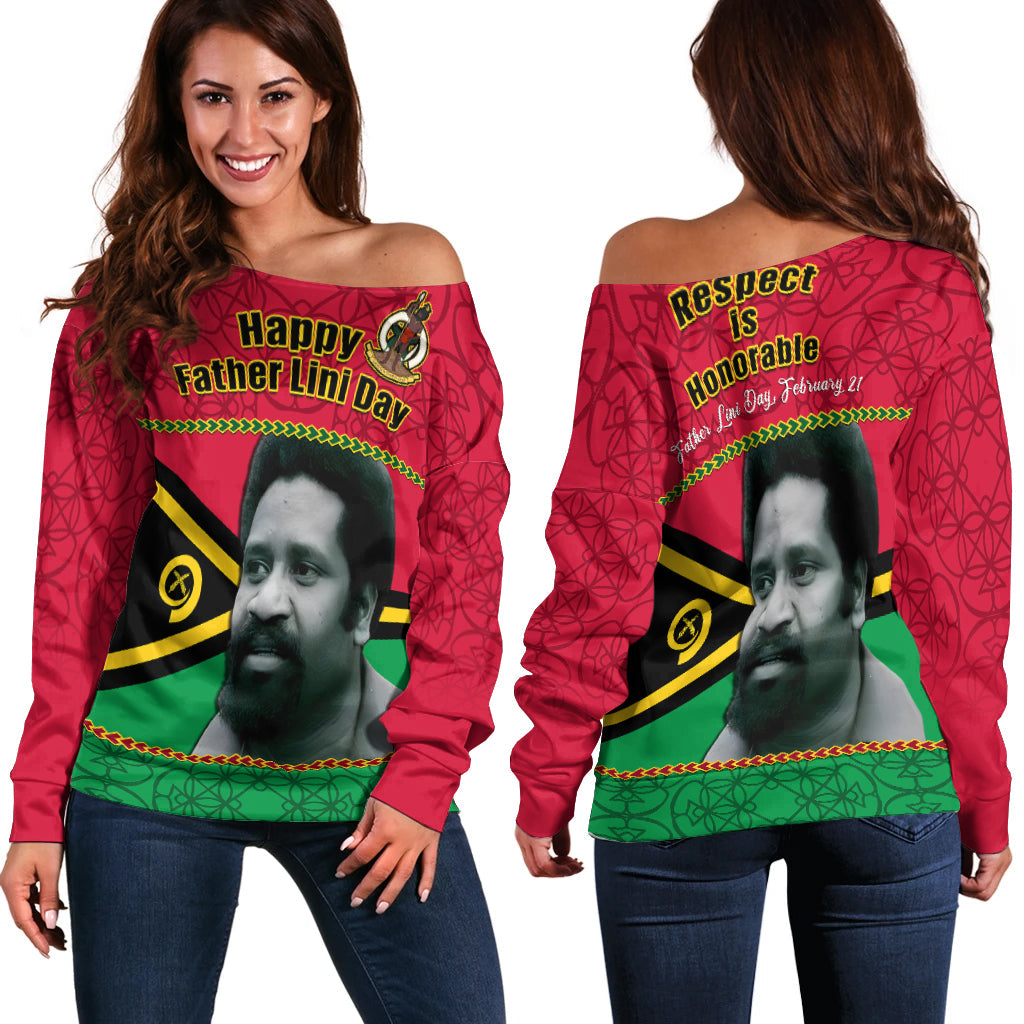 Vanuatu Off Shoulder Sweater Vanuatuan Flag Sand Drawing Happy Father Lini Day LT14 Women Red - Polynesian Pride