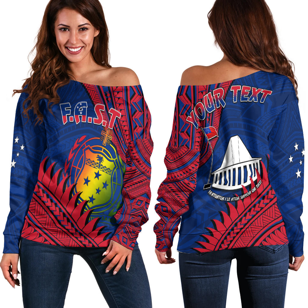 (Custom Personalised) F.A.S.T Samoa Off Shoulder Sweater Samoan Coat Of Arms Polynesian Pattern LT14 Women Blue - Polynesian Pride