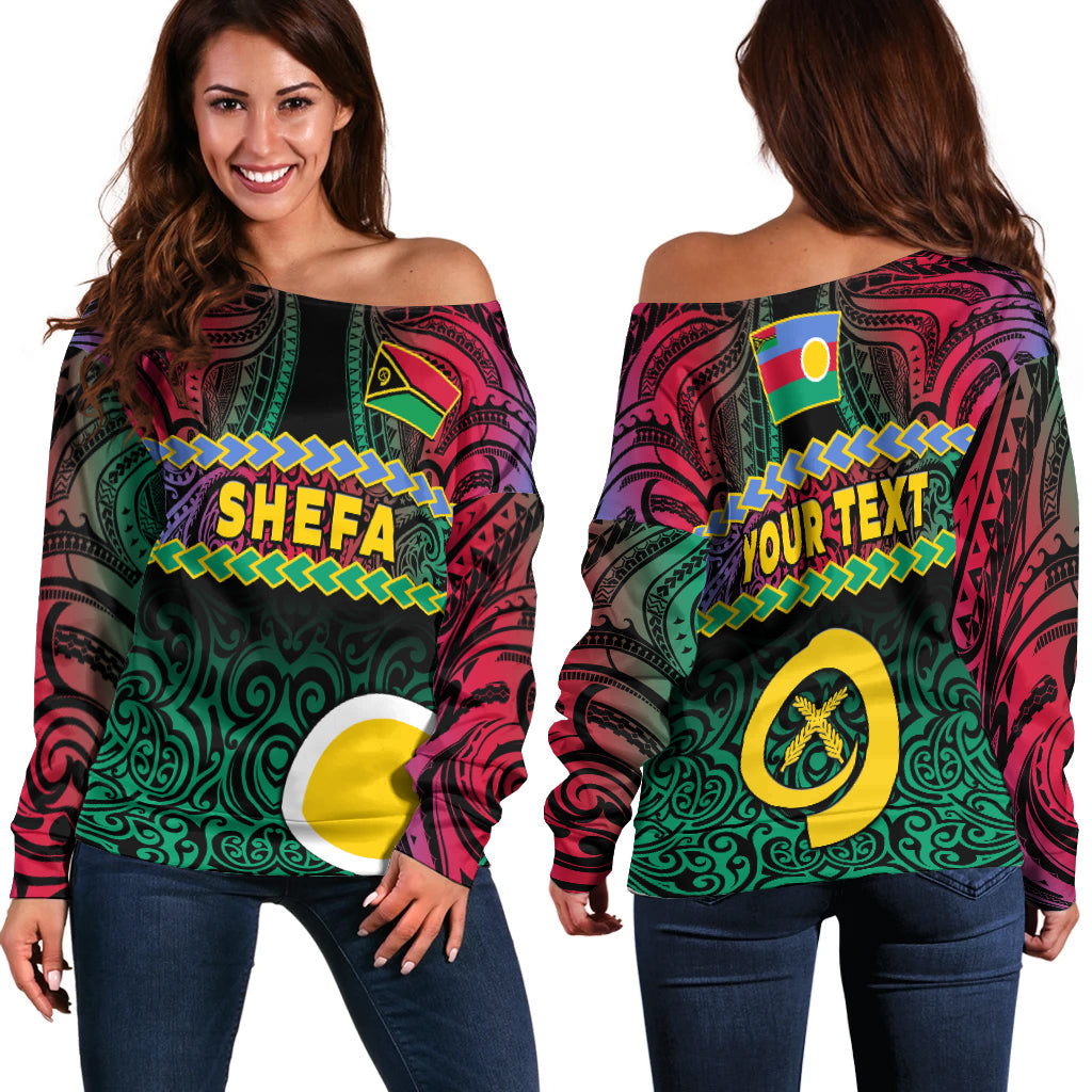 (Custom Personalised) Shefa Province Off Shoulder Sweater Vanuatu Pig Tusk Polynesian Flag Style LT14 Women Black - Polynesian Pride