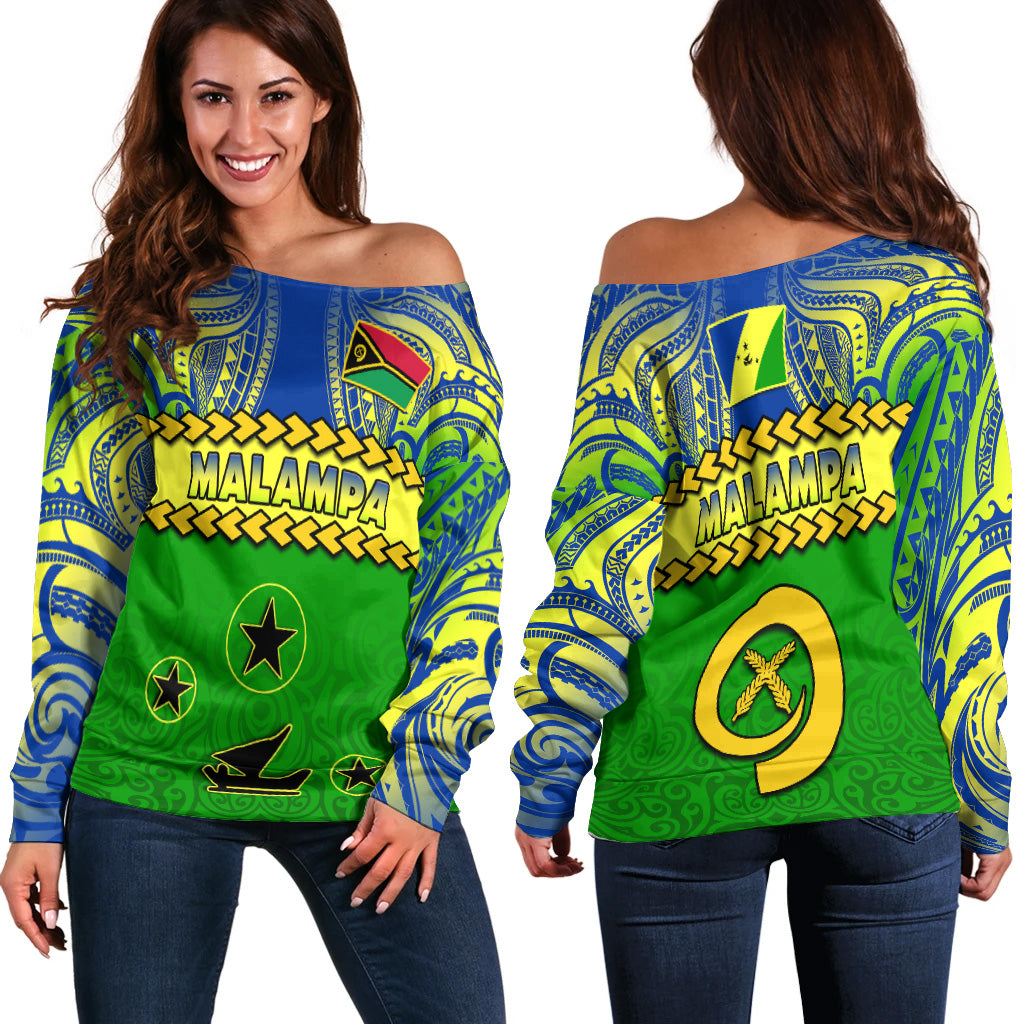 Malampa Province Off Shoulder Sweater Vanuatu Pig Tusk Polynesian Flag Style LT14 Women Green - Polynesian Pride
