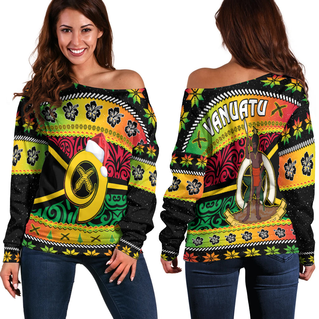 Vanuatu Christmas Off Shoulder Sweater Pig Tusk Polynesian Joyeux Noel Flag Art LT14 Women Reggae - Polynesian Pride