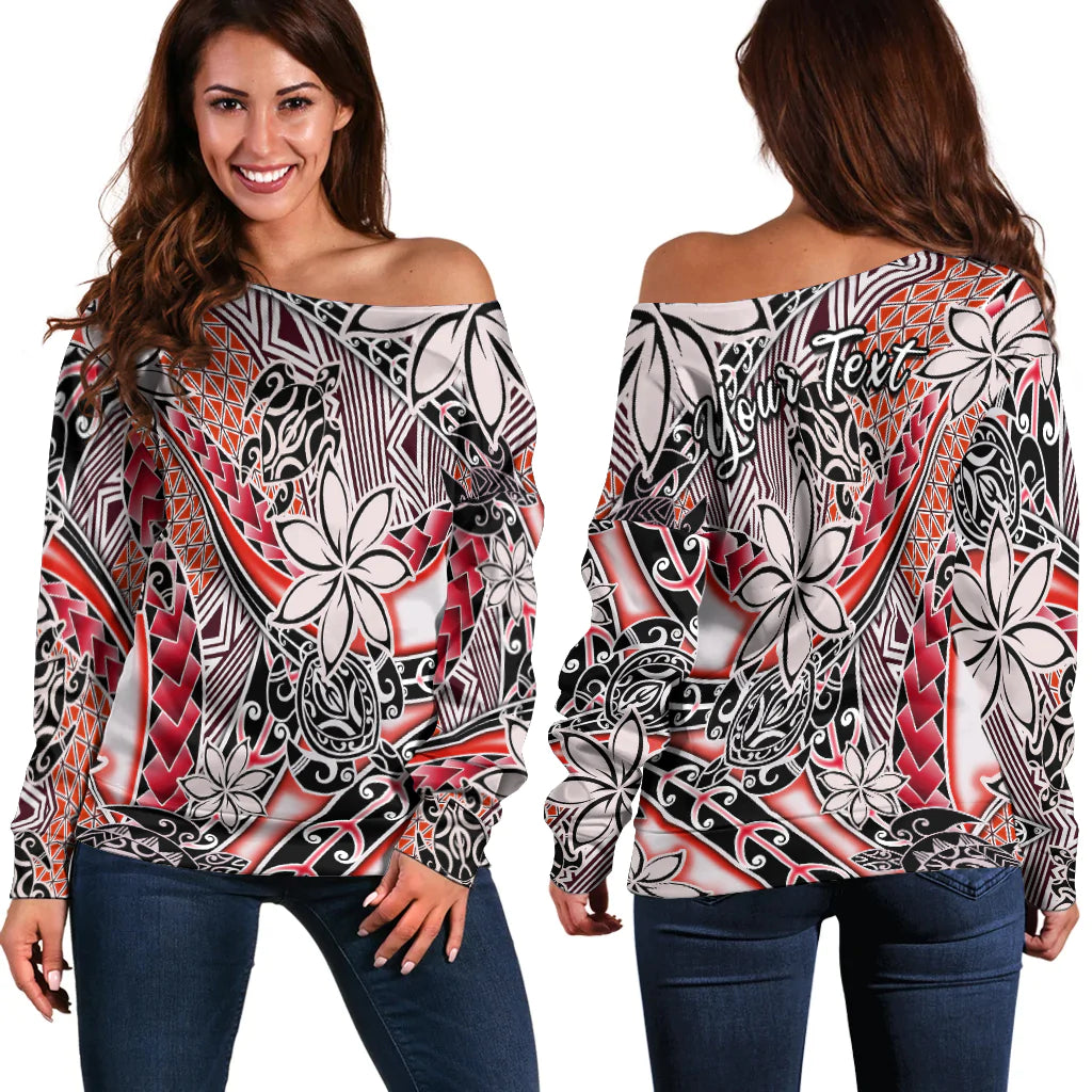 (Custom Personalised) Hawaii Off Shoulder Sweater Tribal Plumeria With Polynesian Turtle Ver.03 LT14 Women Red - Polynesian Pride