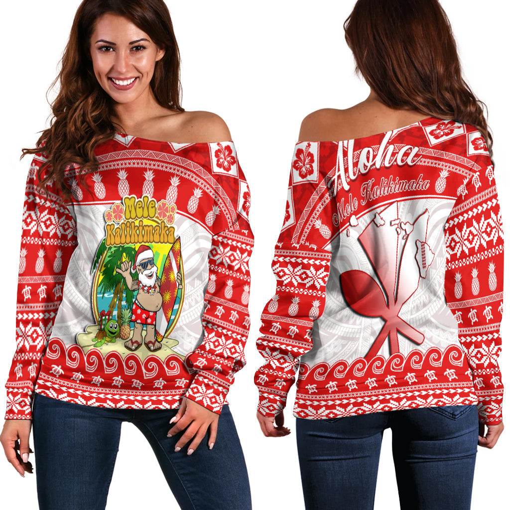 Hawaii Christmas Off Shoulder Sweater Kanaka Polynesian Santa Claus Mele Kalikimaka LT14 Women Red - Polynesian Pride